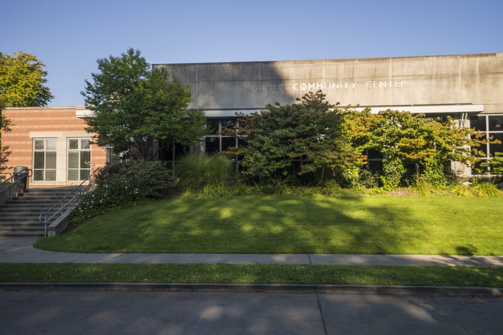 The facade of a building and green space