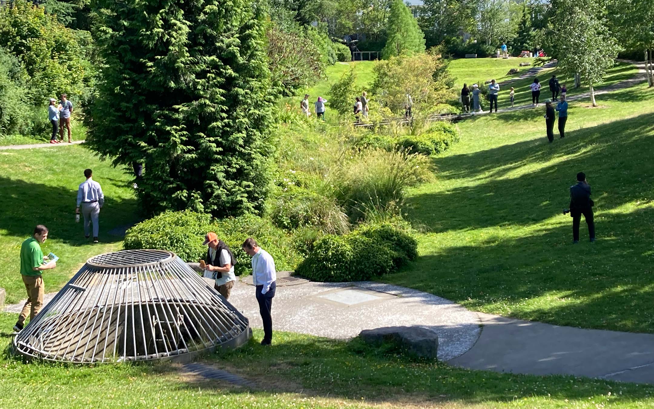 Individuals walking around a park and looking at green water infrastructure