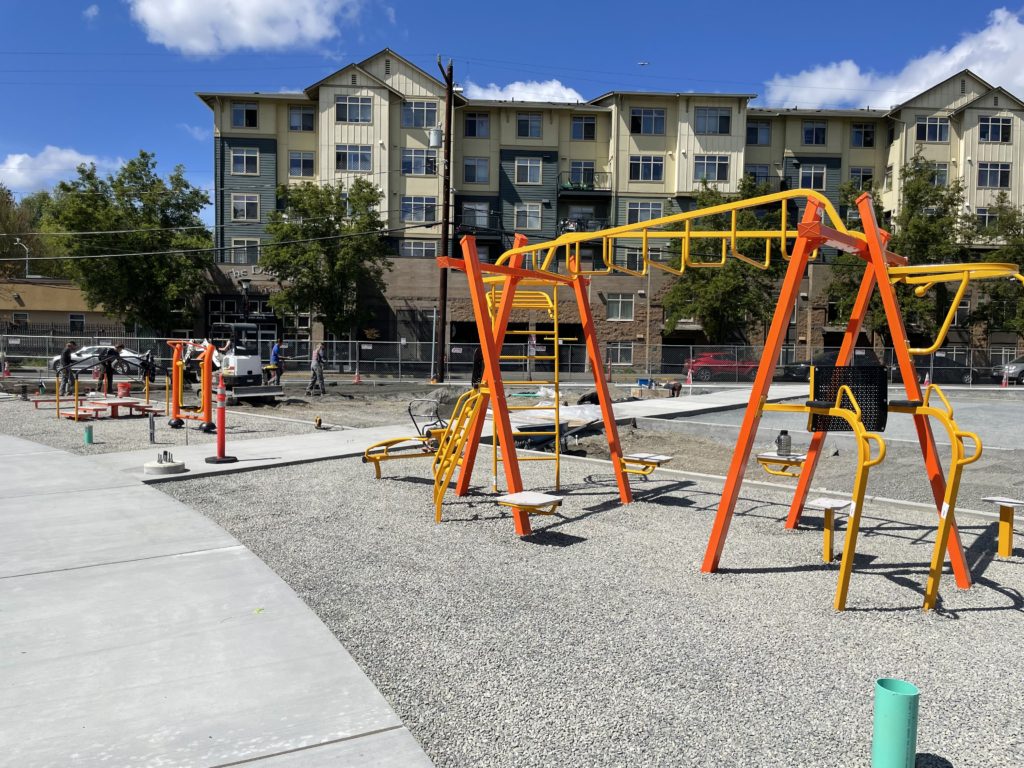 Playground equipment in progress of being constructed at a new park