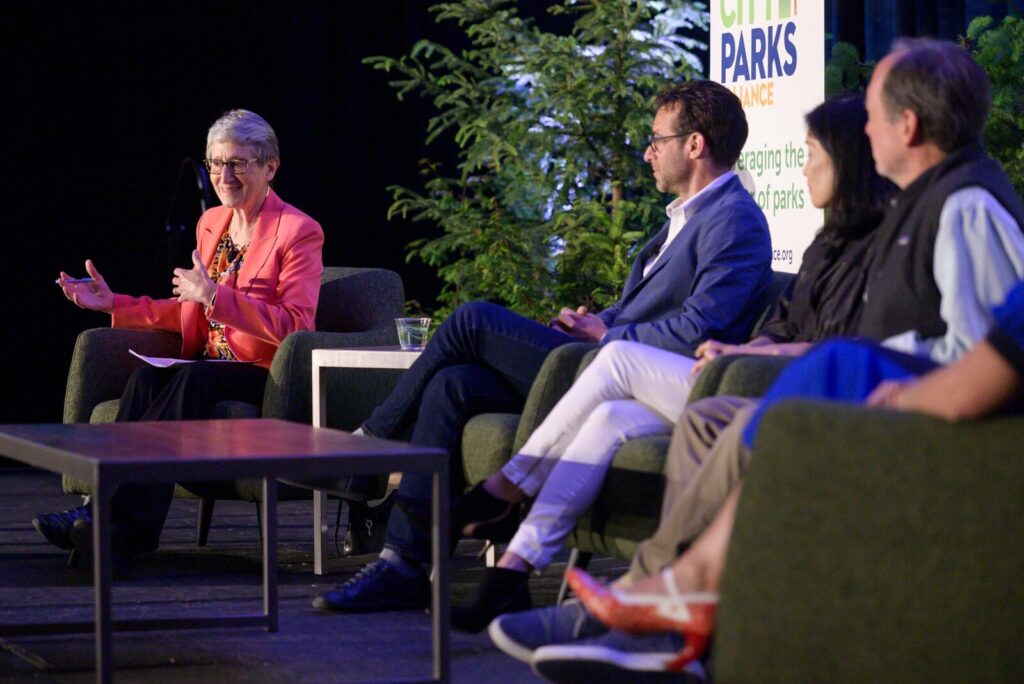 A panel of speakers, featuring former Secretary of the Interior Sally Jewel, at the Greater & Greener conference in Seattle, WA.