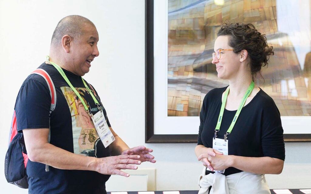 A woman and a man in conversation