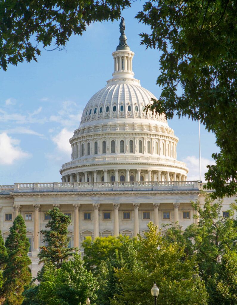 The U.S. Capitol Building rotunda surrounded by lush, green trees