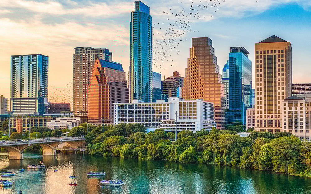 A city skyline with flying birds and boats on a river