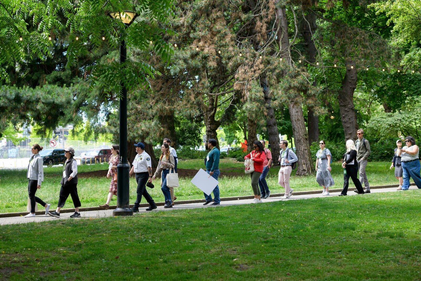 A group of people walking single file through a lush green park