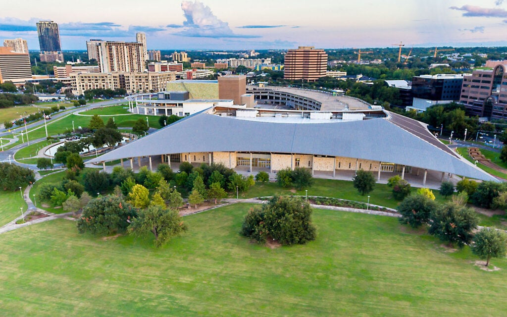 Overhead view of an event center within a city park