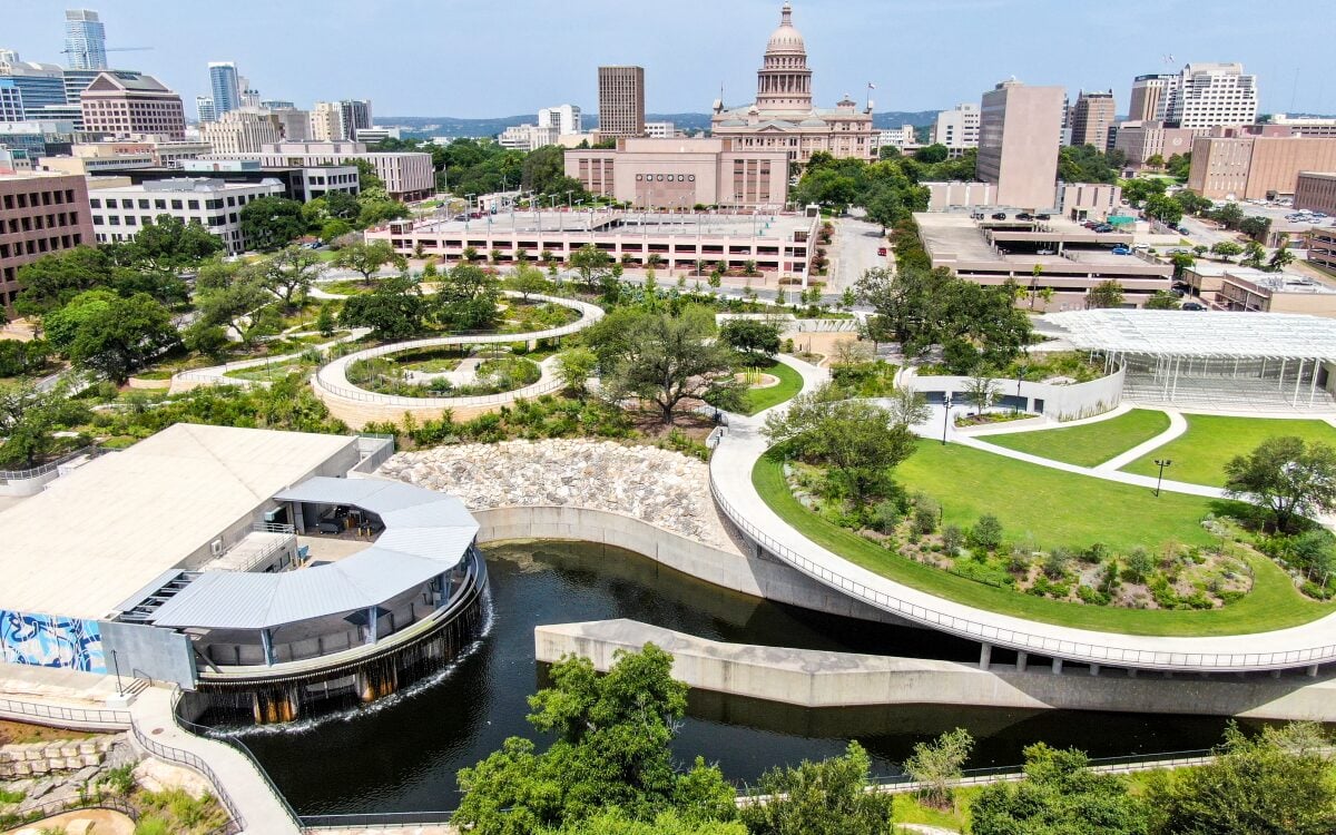 Overhead view of an event center within a city park