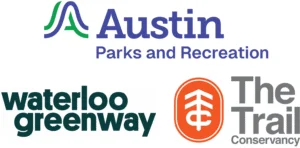Logos for Austin Parks and Recreation, Waterloo Greenway, and The Trail Conservancy