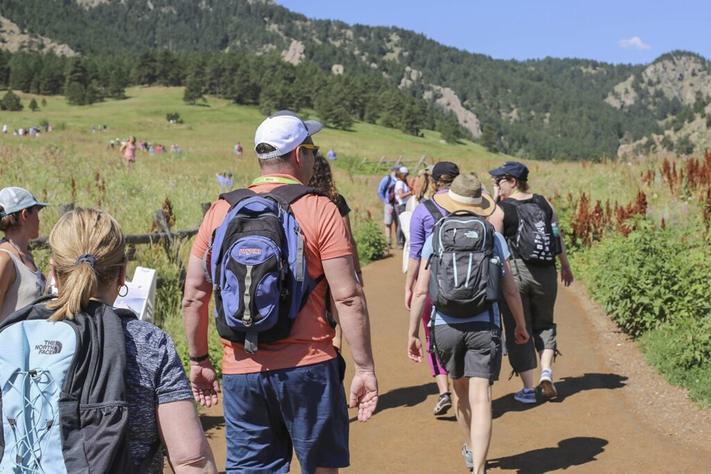 Hikers walking on a mountainous path