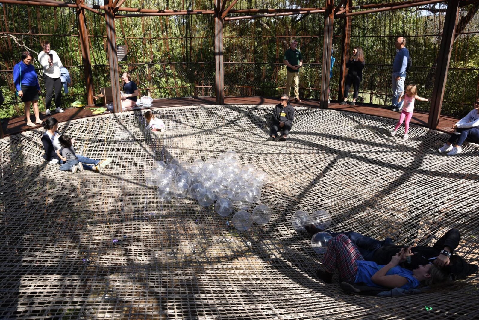 Park Study Tour attendees on an extra large natural trampoline