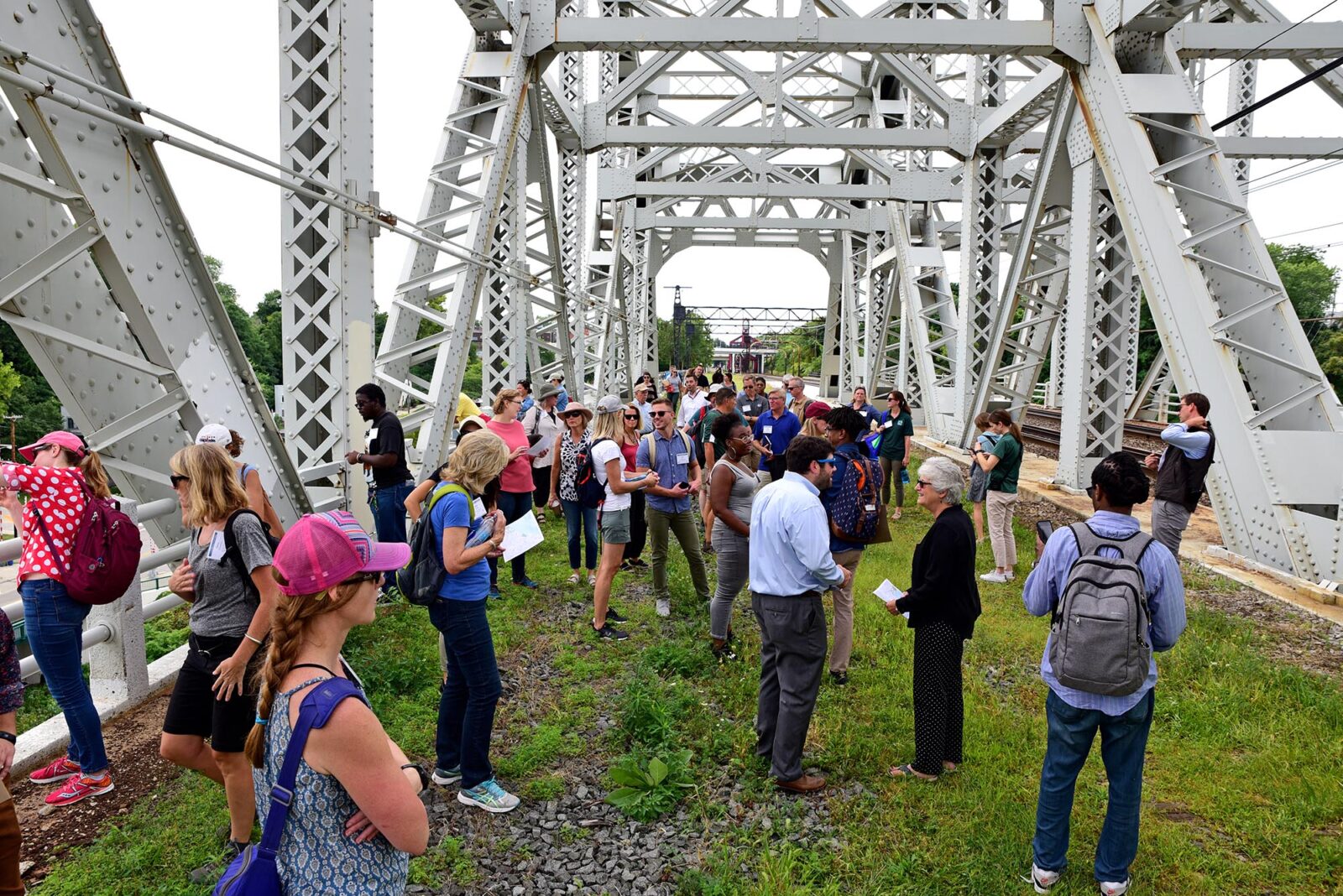 Park Study Tour attendees observing a grassy walking bridge