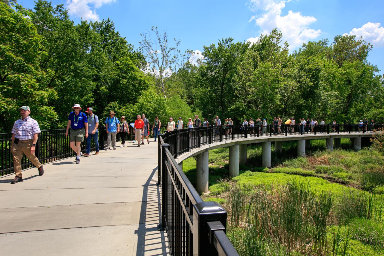 Park Study Tour attendees walking along a pedestrian bridge in a park